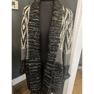 Lucky Brand Women's Gray Cream Aztec  Southwest Open Front Sweater Cardigan L